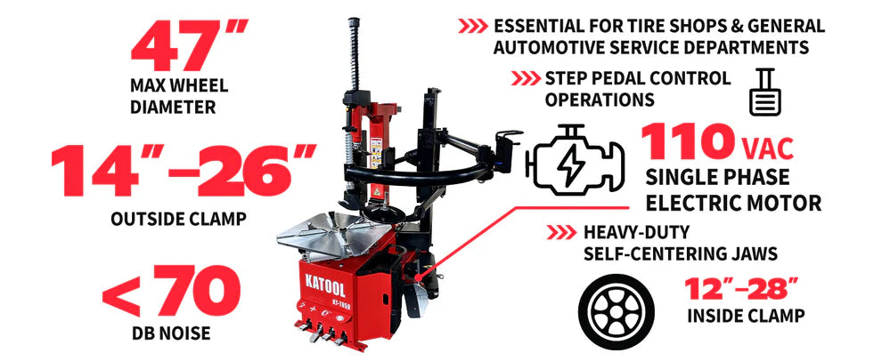 Katool KT T850 Tilt Arm Wheel Clamp Tire Changer 2HP 110V 47in