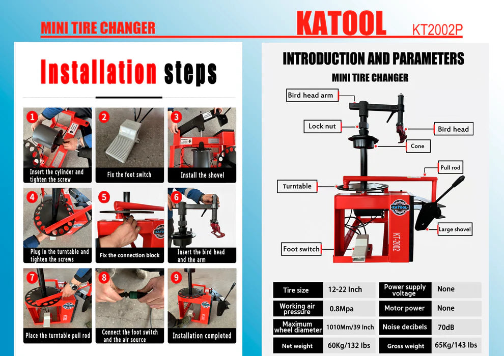 Katool KT 2002 Manual Portable Tire Changer Machine 12 to 22 Inch Rims