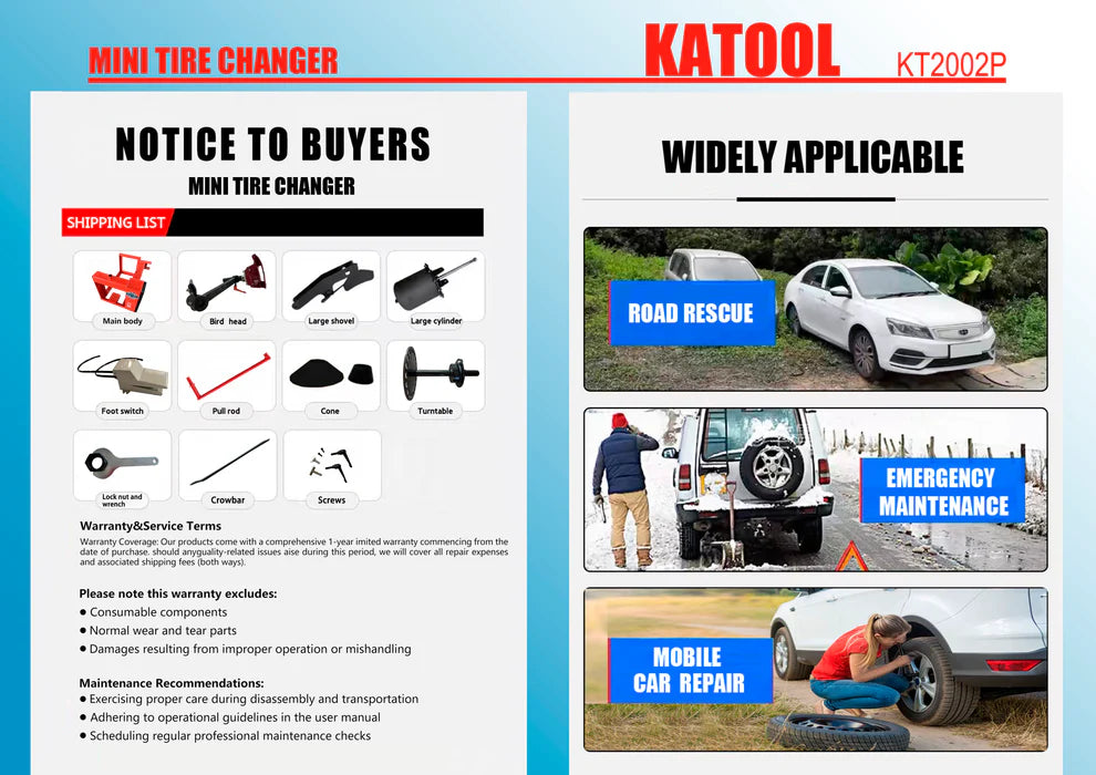 Katool KT 2002 Manual Portable Tire Changer Machine 12 to 22 Inch Rims